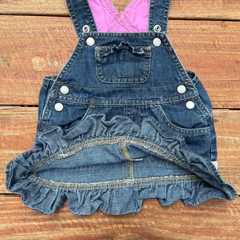 Baby Denim Overall Dress 3-6M Vintage Y2K Ruffle Hem Pink Lined Easter Outfit